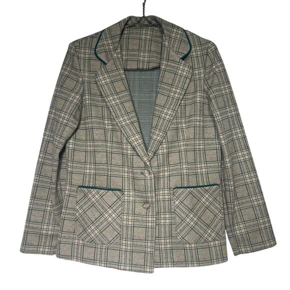 Vintage 70s Women Size Medium Polyester Tweed Plaid Blazer Jacket Preppy Classic - Picture 1 of 11